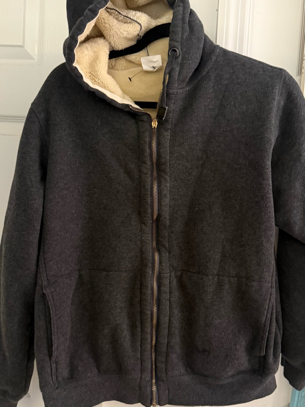 Men's Charcoal Faux Sherpa-Lined Zip Hoodie Jacket